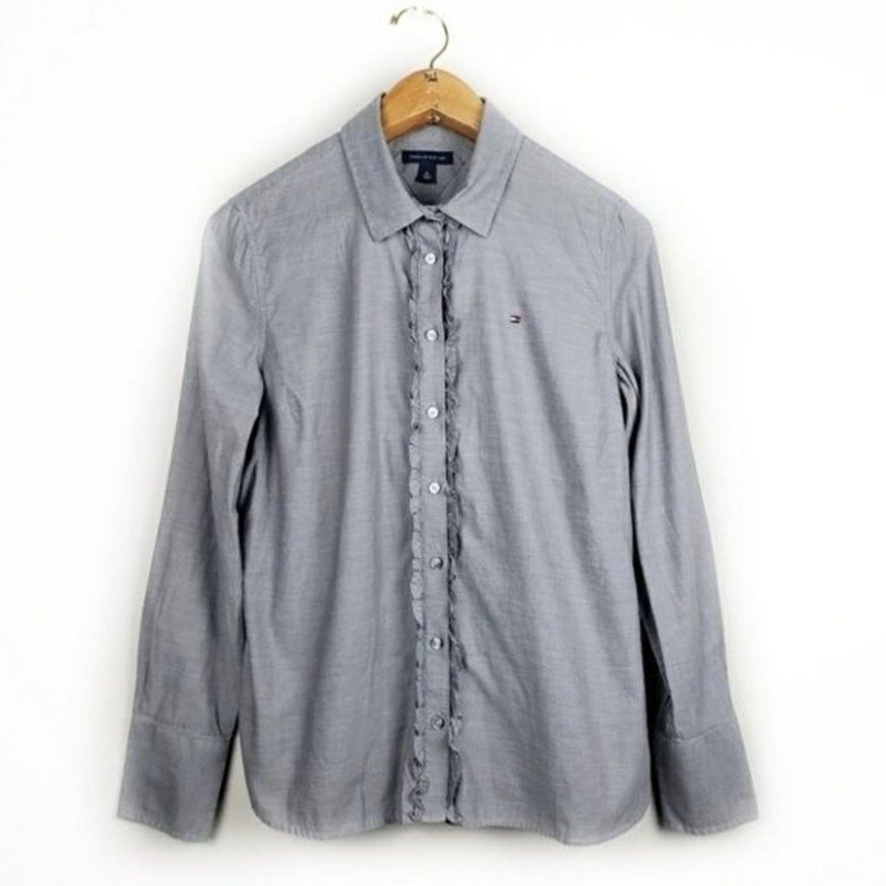 Tommy Hilfiger Gray Ruffle Button Up Shirt Medium – Classic Dress Blouse